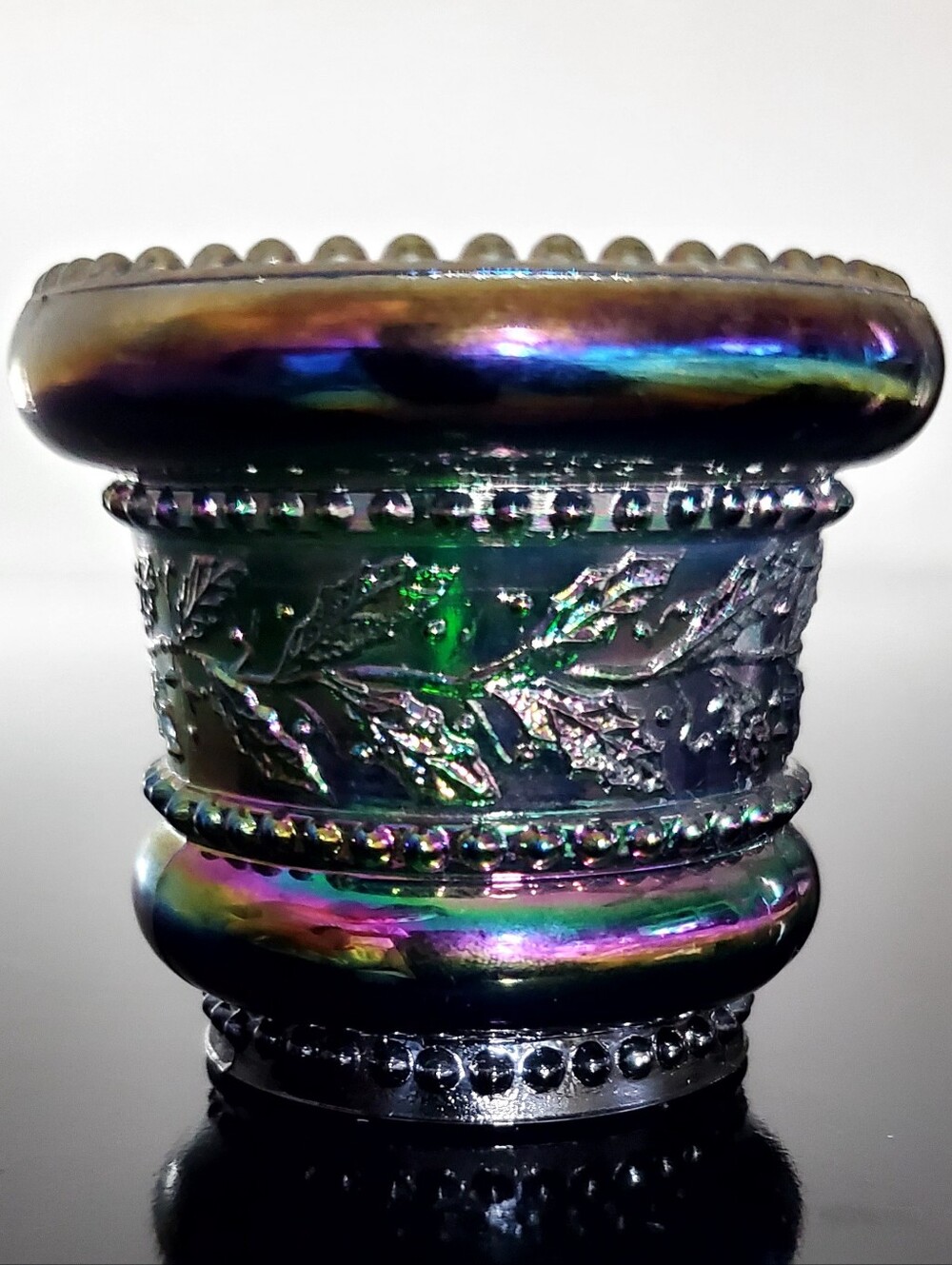 1970s Joe ST Clair Green Oil Slick Carvinal Glass Holly Band Toothpick Holdere